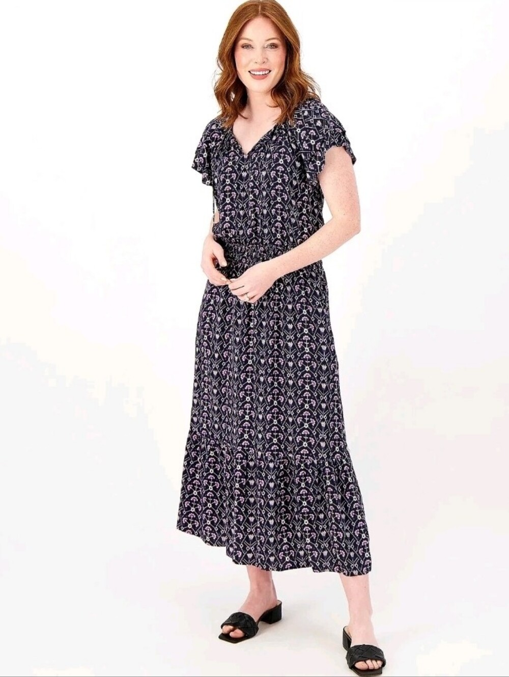 Destination 365 Printed Short-Sleeve Midi Maxi Dress W/ Smocking S